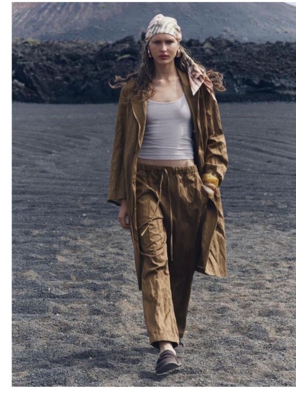 Zara Olive Brown ochre Crinkle Drawstring Pants